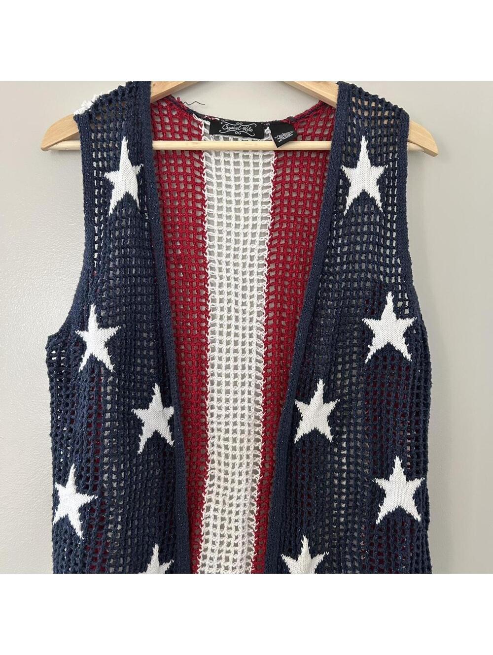 Red, white and blue American flag crochet vest with fringe